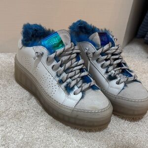 P448 White and Blue Fur-Trimmed Sneakers